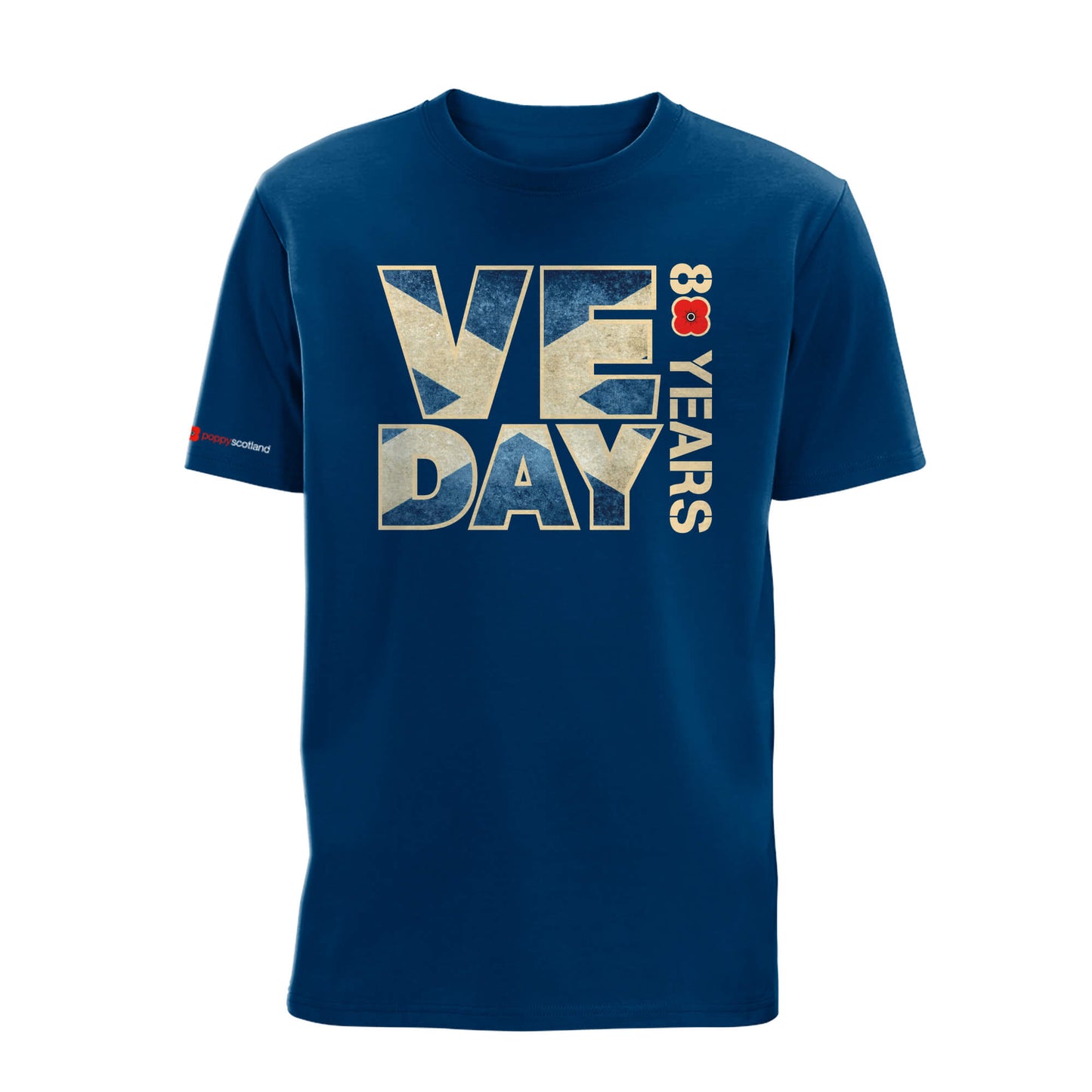 VE Day 80th Anniversary Flag T-Shirt | Salire Flag | Mountain Blue | Poppyscotland