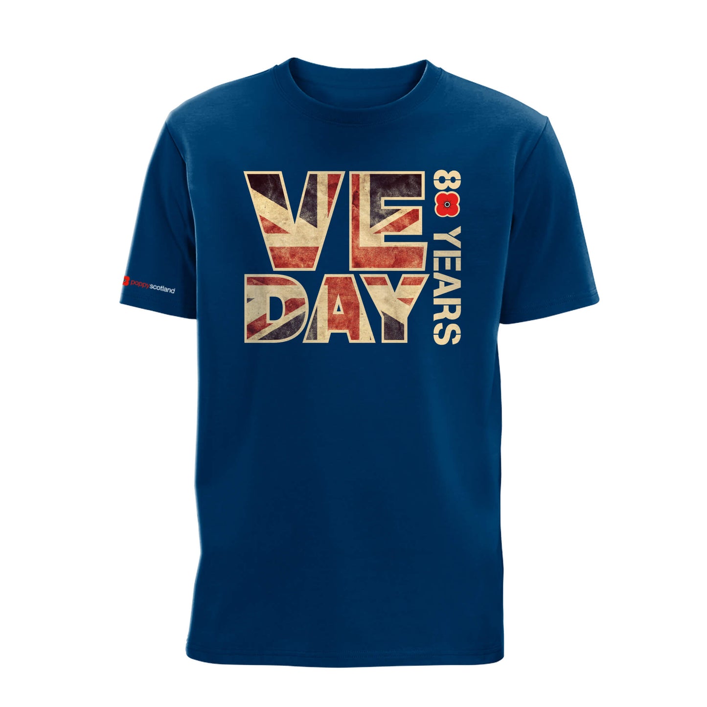 VE Day 80th Anniversary Flag T-Shirt | Union Jack | Mountain Blue | Poppyscotland