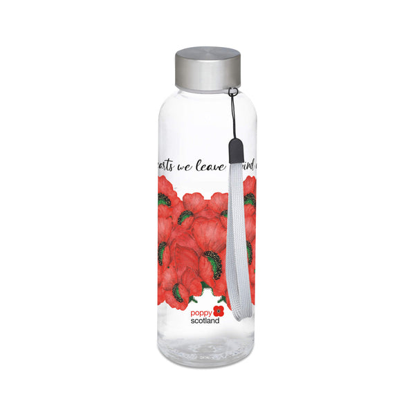 Glass water bottle with screw on lid with wrist strap. Printed on the glass with illustrated poppies and Thomas Campbell quote "To live in hearts we leave behind Is not to die.“