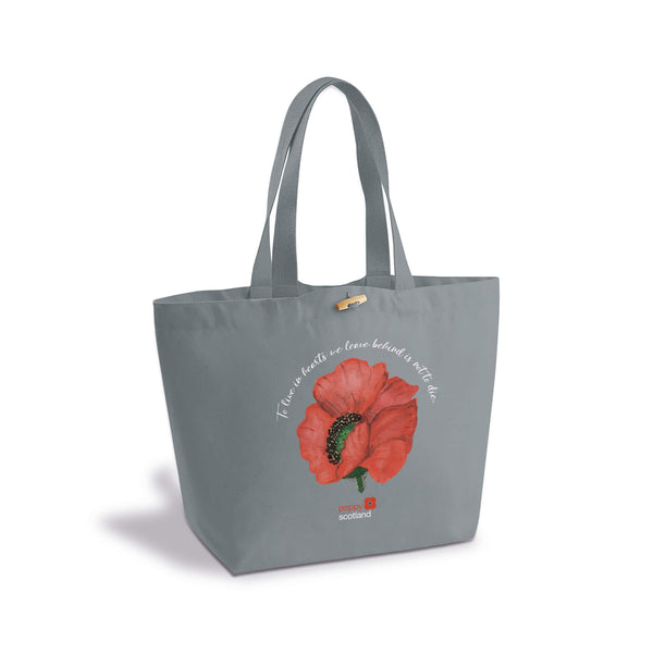 Grey over the shoulder canvas shopping bag with illustrated poppy and To live in hearts we leave behind Is not to die quote