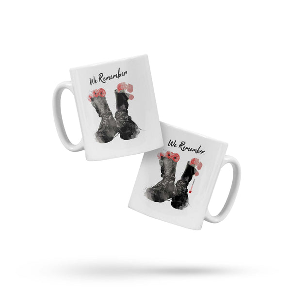 Old Boots ceramic mug with watercolour image of soldiers boots with poppies and We Remember
