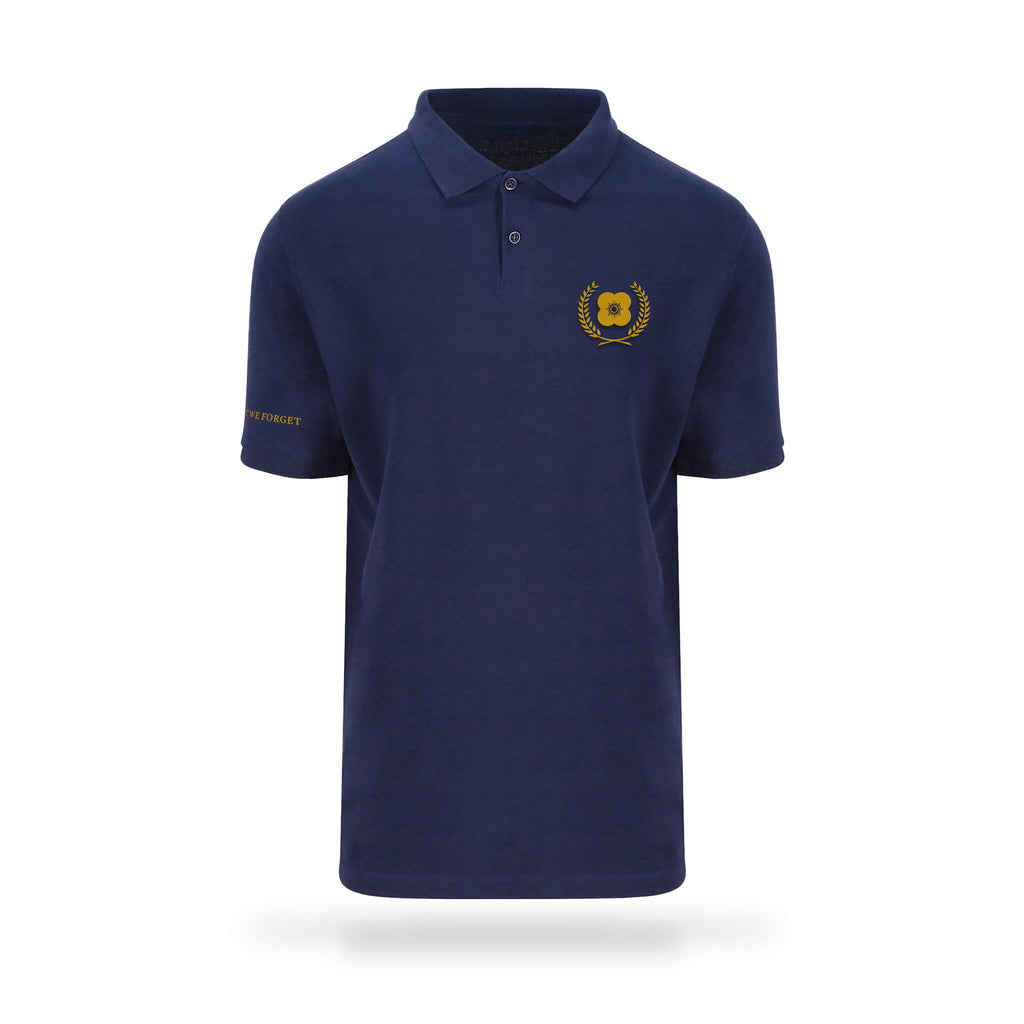Classic navy polo shirt embroidered with gold poppy emblem on left chest and Lest We Forget in the sleeve. 