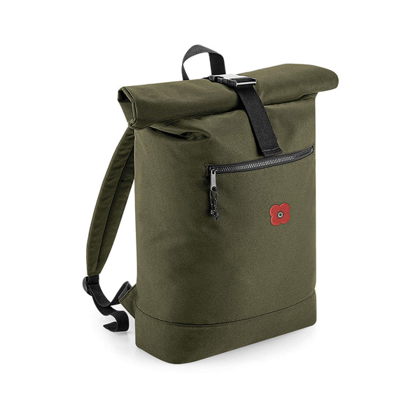 Military green recycled rolltop rucksack with embroidered poppy on front pocket