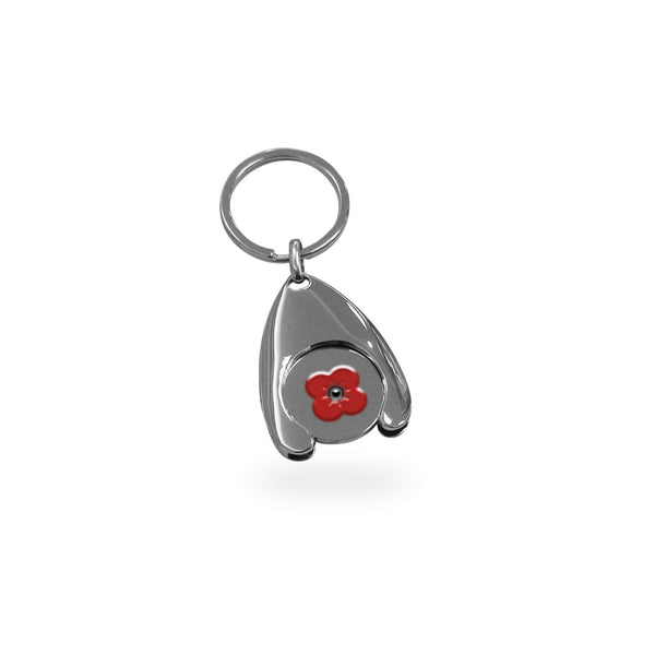 Metal trolley token coin with poppy design and wishbone keyring holder