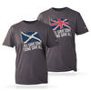 Pair of Charcoal Poppy Eco T-Shirts showing Saltire or Union Jack options and All Gave Some, Some Gave All.