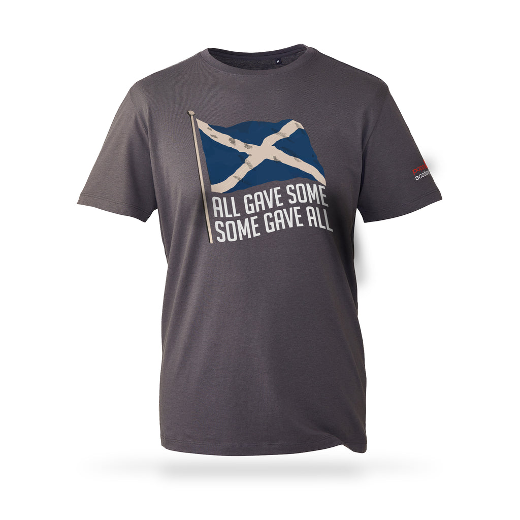100% organic cotton charcoal  Poppy Eco T-Shirt with Saltire flag above All Gave Some, Some gave All.
