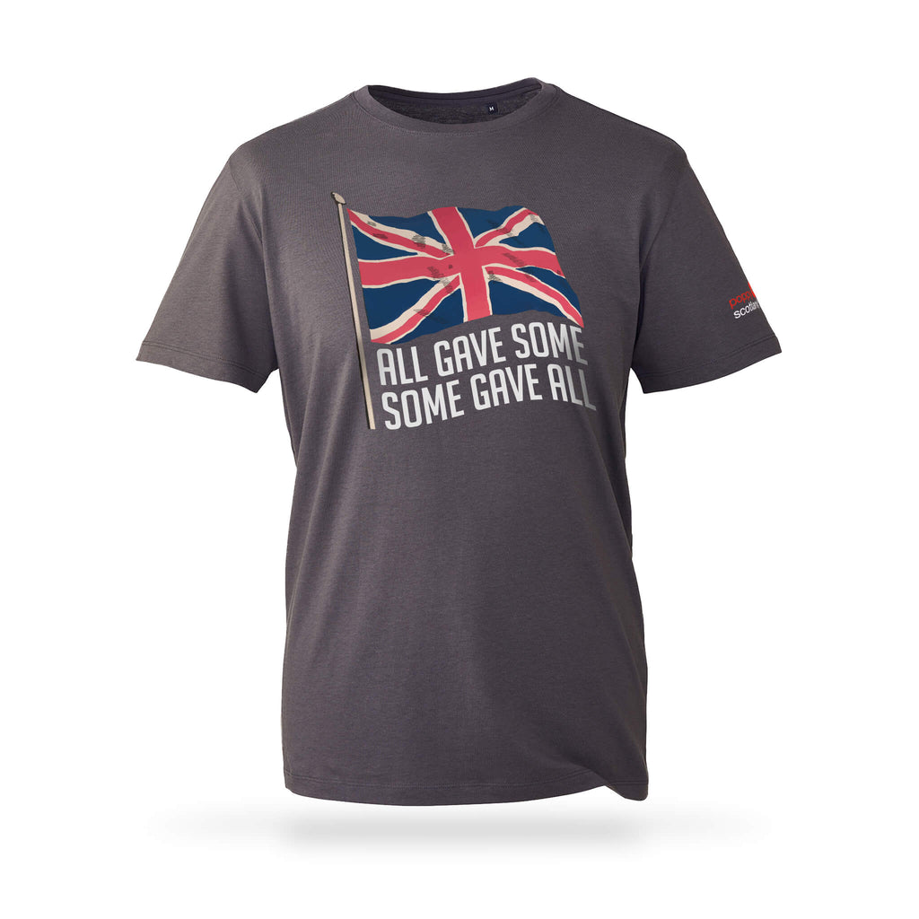 100% organic cotton charcoal  Poppy Eco T-Shirt with Union Jack flag above All Gave Some, Some gave All.
